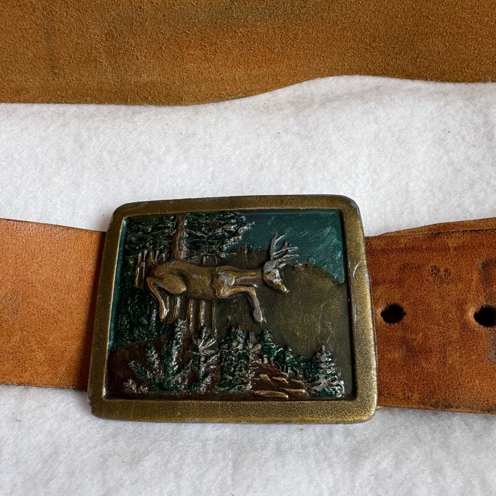 Vintage Brown Leather Deer Buckle Belt Mens Size 38-40 Hunting Western Rustic